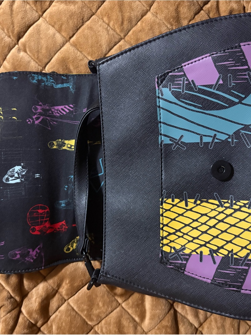 Loungefly Black Crossbody Bag with Purple, Yellow & Teal Panels w/ wallet - Picture 2 of 6